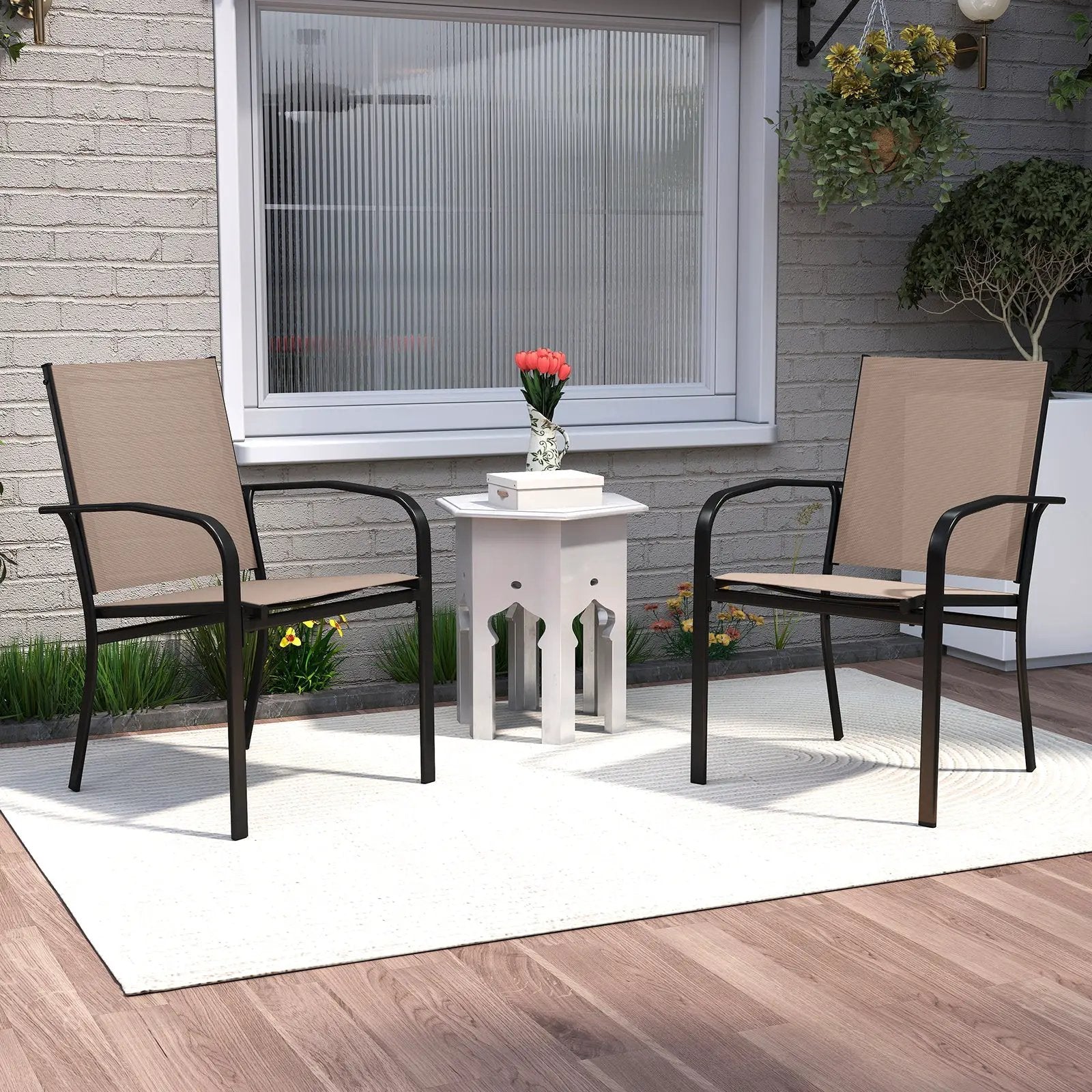 Outdoor Dining Chairs Set of 2 with High Back and Metal Frame-Light Brown by DirectDeals