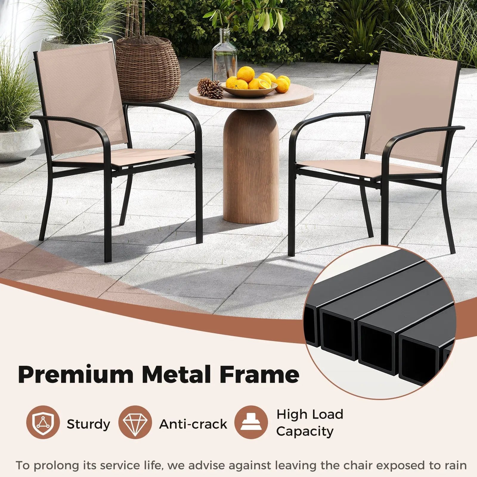 Outdoor Dining Chairs Set of 2 with High Back and Metal Frame-Light Brown by DirectDeals