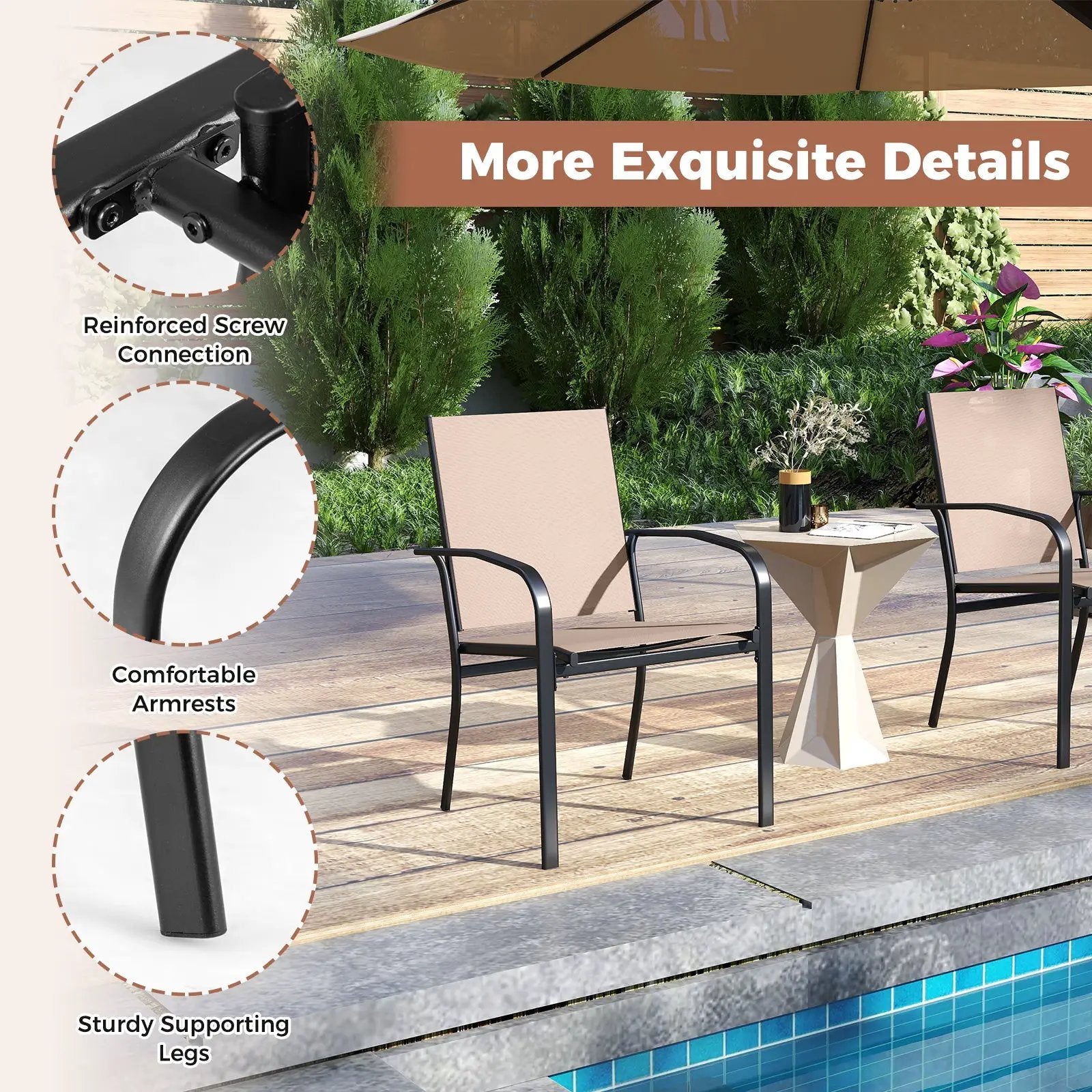 Outdoor Dining Chairs Set of 4 with High Back and Metal Frame-Light Brown by DirectDeals