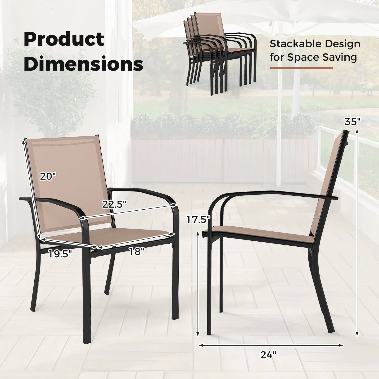 Outdoor Dining Chairs Set of 2 with High Back and Metal Frame-Light Brown by DirectDeals