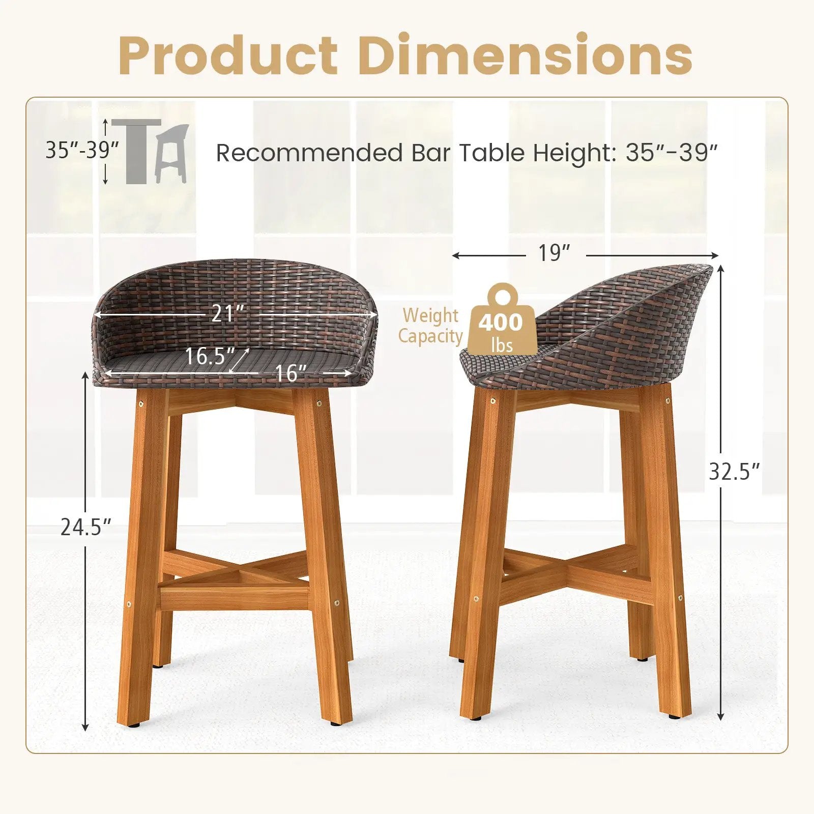 Outdoor Faux Rattan Bar Chairs Set of 2 with Ergonomic Backrests and Footrests by DirectDeals