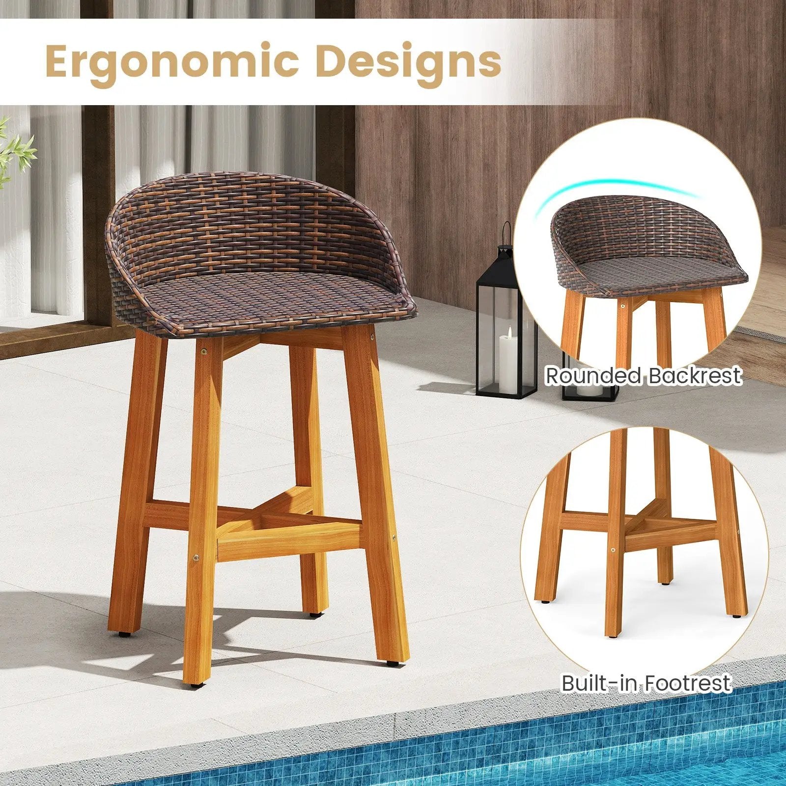 Outdoor Faux Rattan Bar Chairs Set of 2 with Ergonomic Backrests and Footrests by DirectDeals