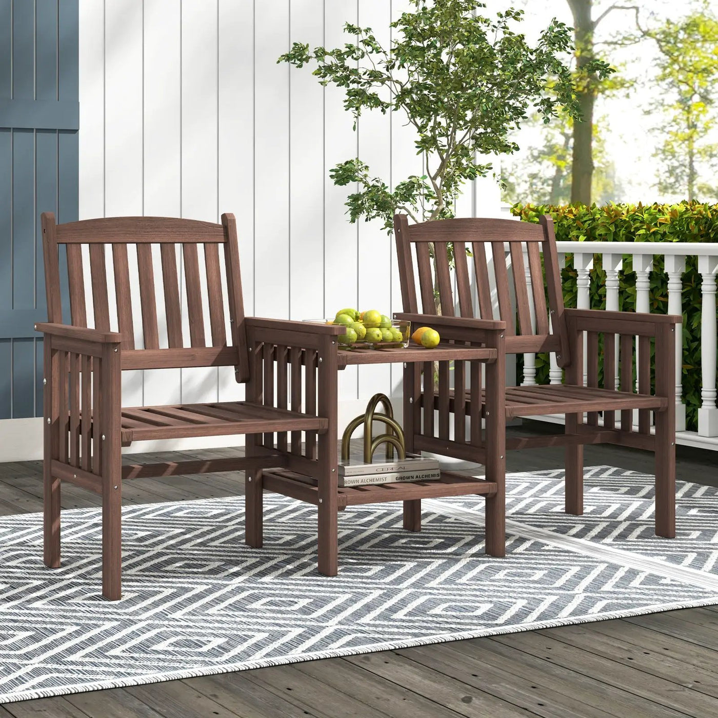 Outdoor Fir Wood Loveseat with 2-Tier Side Table and 1.96" Umbrella Hole by DirectDeals