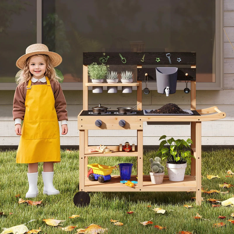 Outdoor Fir Wood Play Kitchen with Blackboard and Planting Pots-Natural by DirectDeals