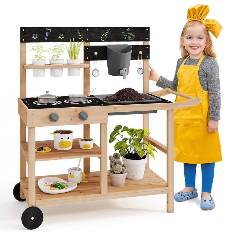 Outdoor Fir Wood Play Kitchen with Blackboard and Planting Pots-Natural by DirectDeals