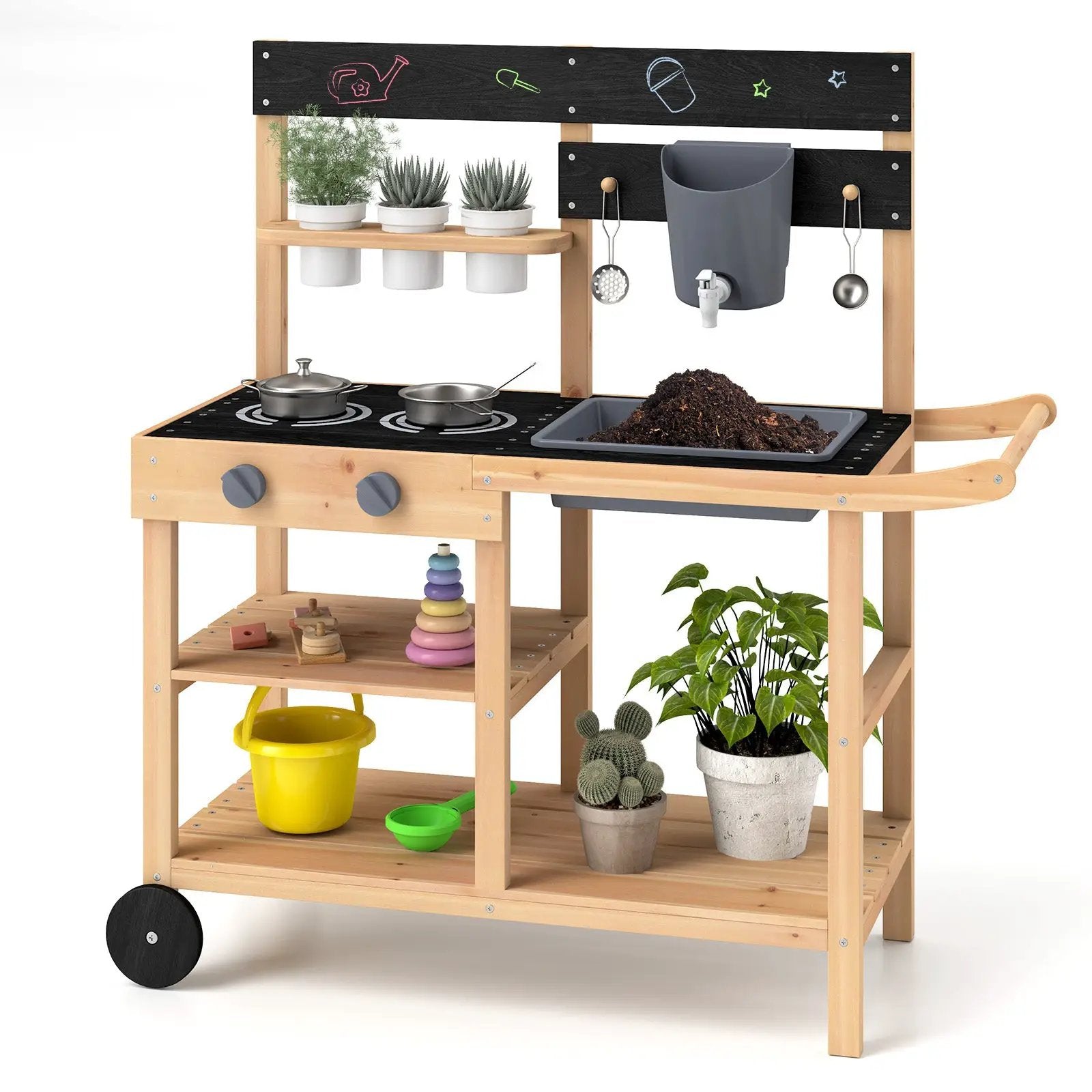 Outdoor Fir Wood Play Kitchen with Blackboard and Planting Pots-Natural by DirectDeals