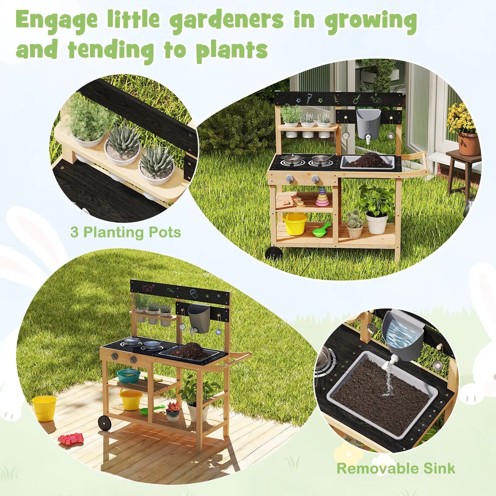 Outdoor Fir Wood Play Kitchen with Blackboard and Planting Pots-Natural by DirectDeals