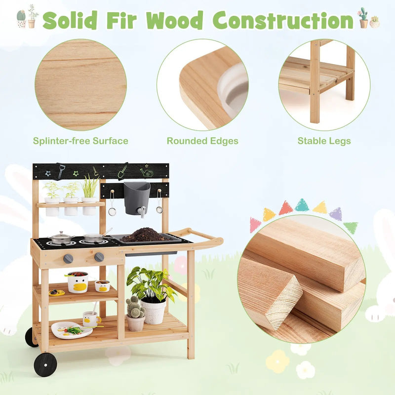 Outdoor Fir Wood Play Kitchen with Blackboard and Planting Pots-Natural by DirectDeals