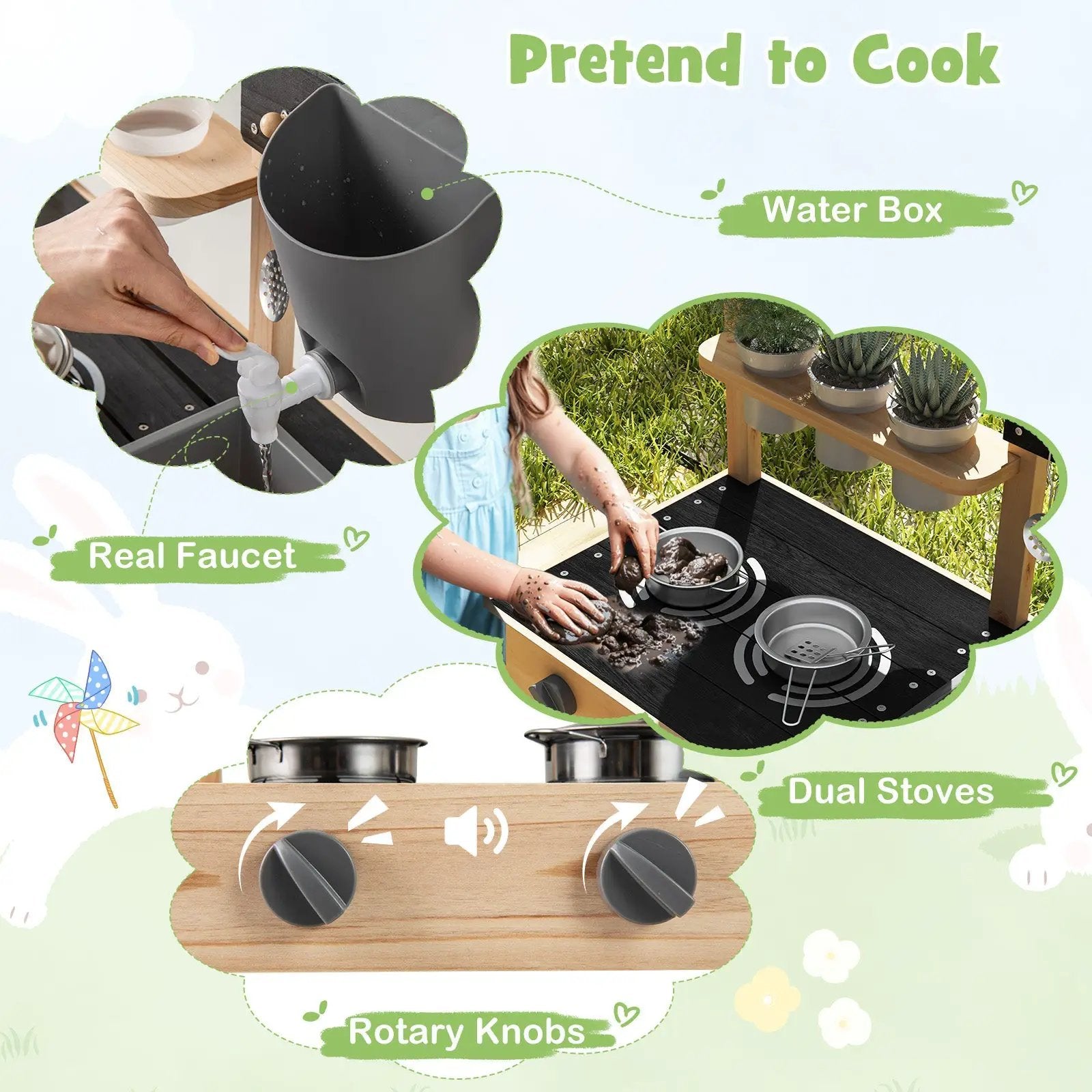 Outdoor Fir Wood Play Kitchen with Blackboard and Planting Pots-Natural by DirectDeals