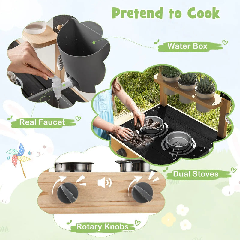 Outdoor Fir Wood Play Kitchen with Blackboard and Planting Pots-Natural by DirectDeals