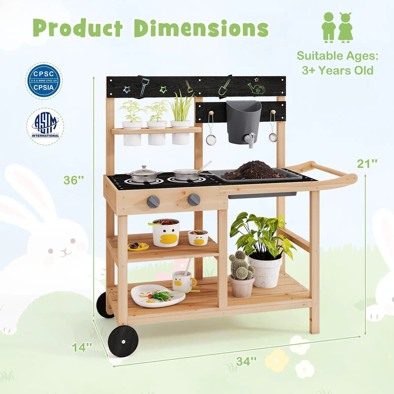 Outdoor Fir Wood Play Kitchen with Blackboard and Planting Pots-Natural by DirectDeals