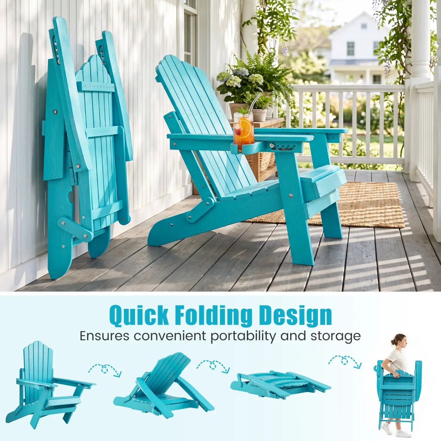 Folding Adirondack Chair with Adjustable Backrest & Cup Holder by DirectDeals