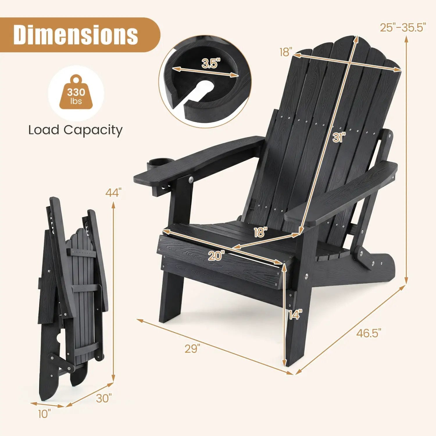 Folding Adirondack Chair with Adjustable Backrest & Cup Holder by DirectDeals