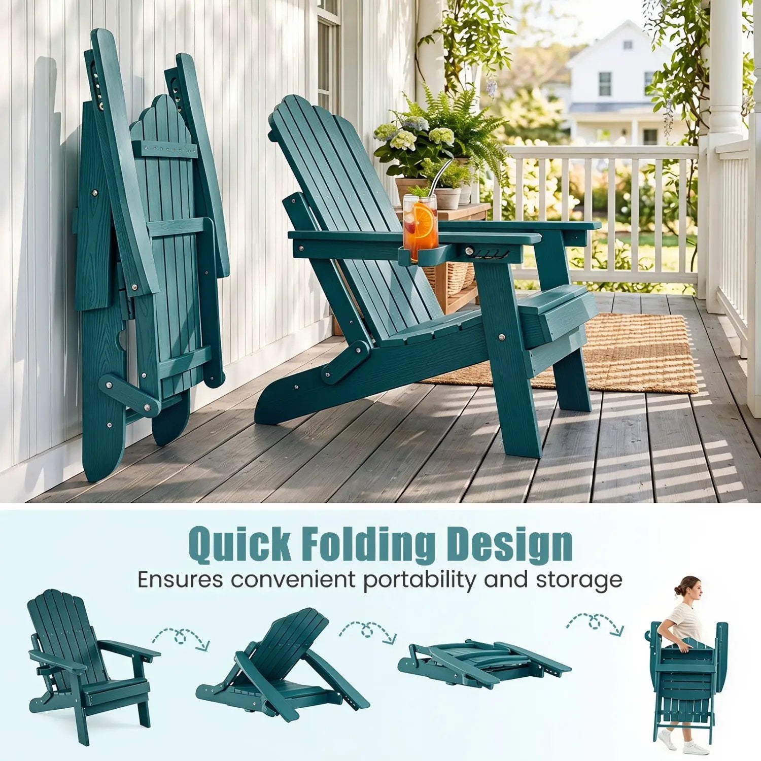 Folding Adirondack Chair with Adjustable Backrest & Cup Holder by DirectDeals