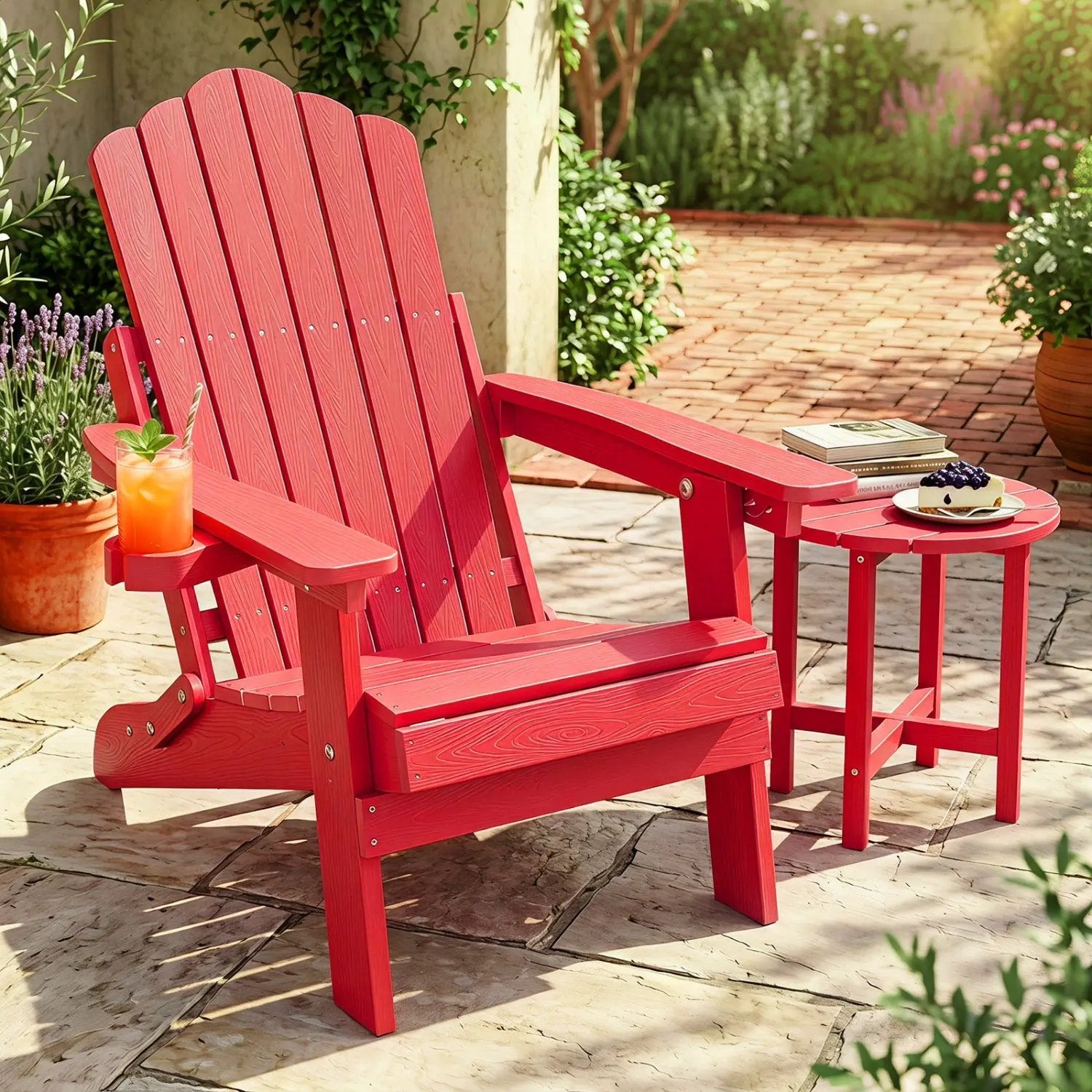 Folding Adirondack Chair with Adjustable Backrest & Cup Holder by DirectDeals