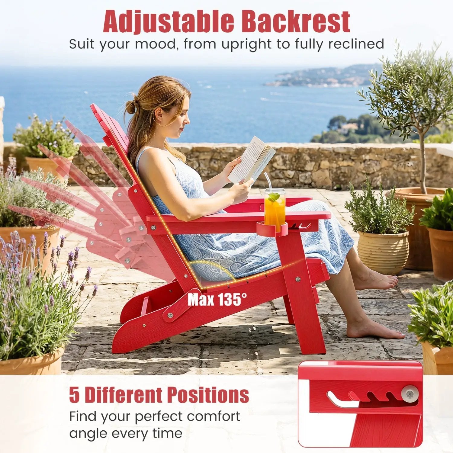 Folding Adirondack Chair with Adjustable Backrest & Cup Holder by DirectDeals