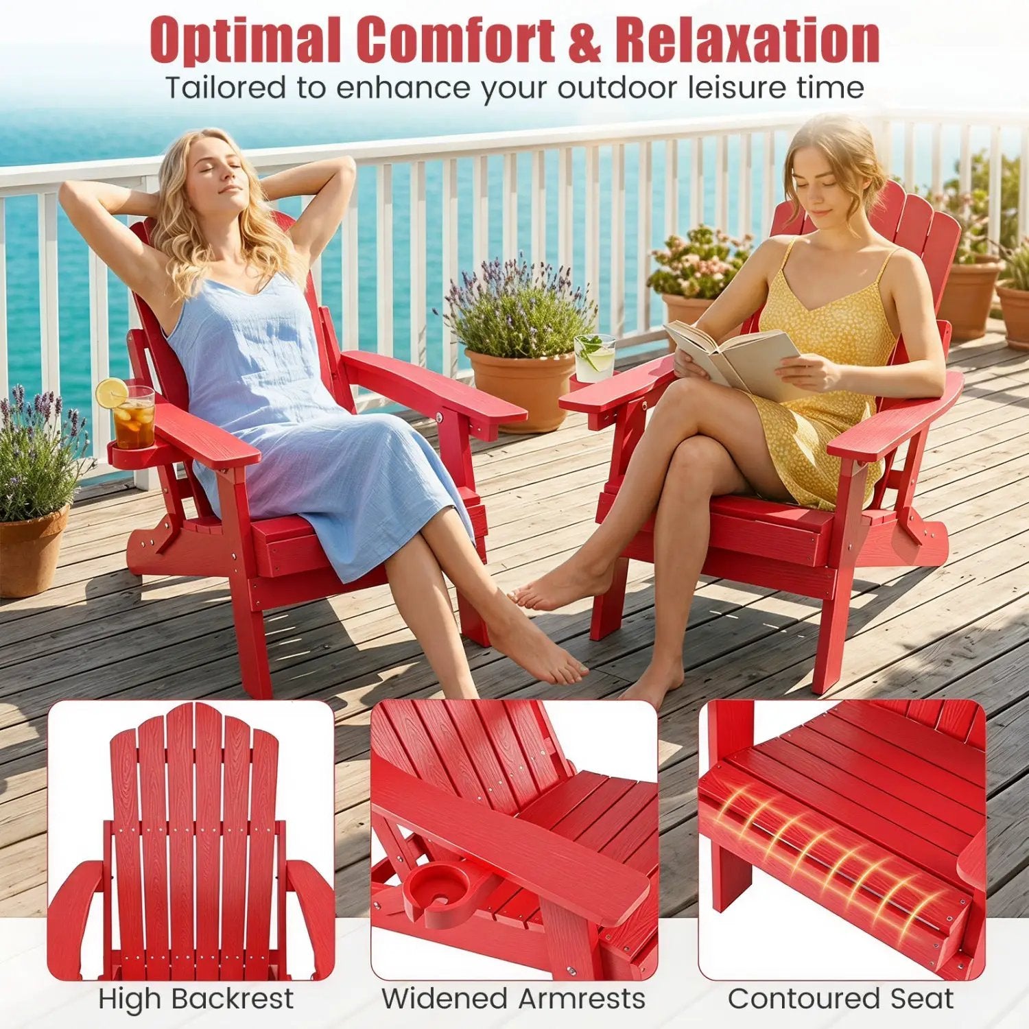 Folding Adirondack Chair with Adjustable Backrest & Cup Holder by DirectDeals