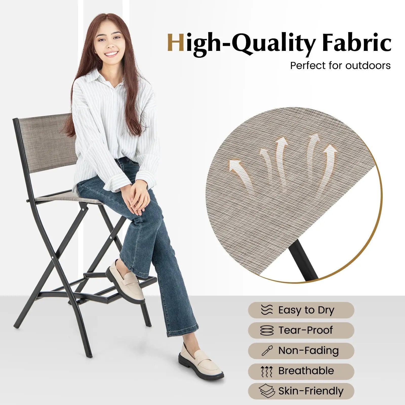 Outdoor Folding Bar Height Stool Set of 4 with Metal Frame and Footrest by DirectDeals