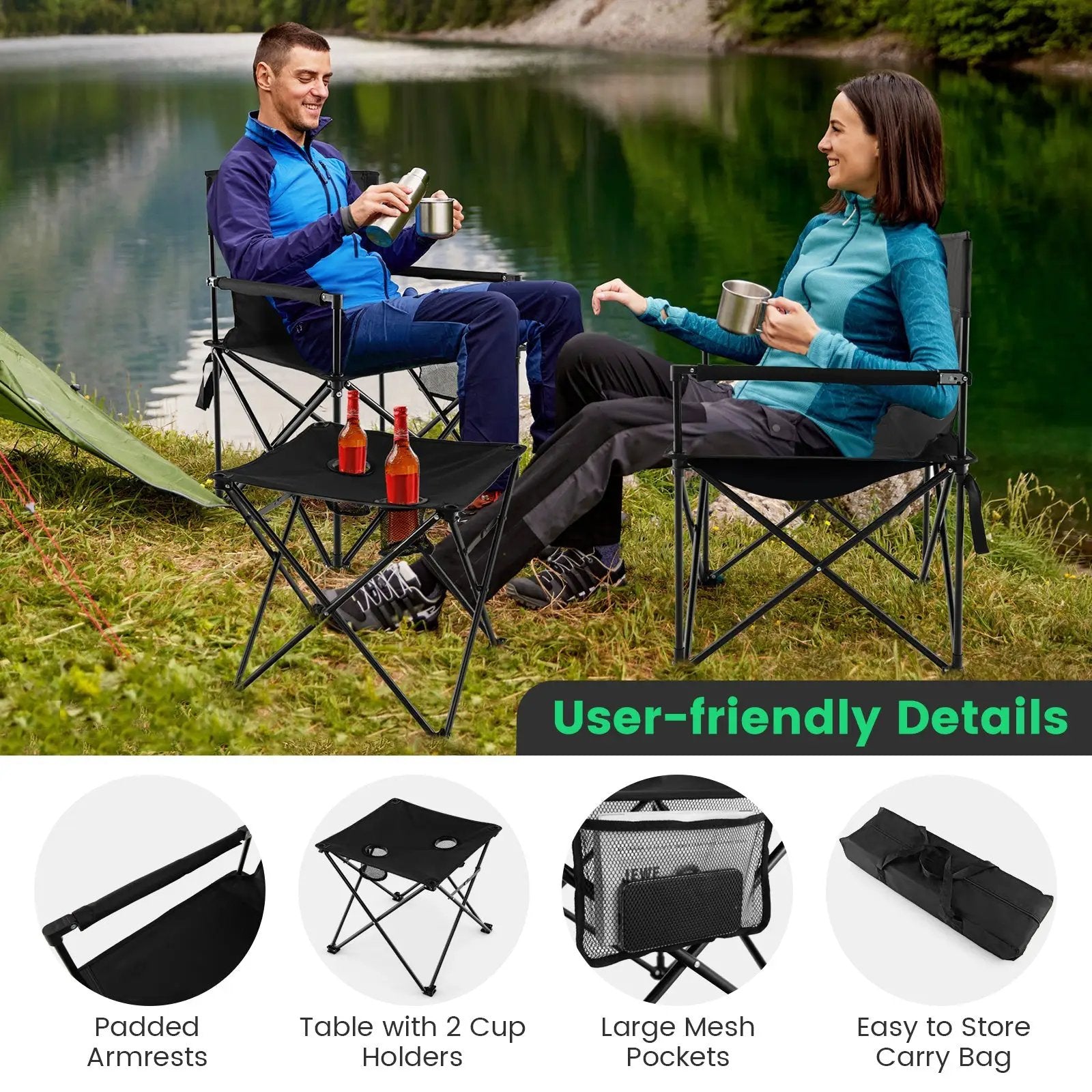 Outdoor Folding Camping Chairs and Table Set with Carrying Bag-Black by DirectDeals
