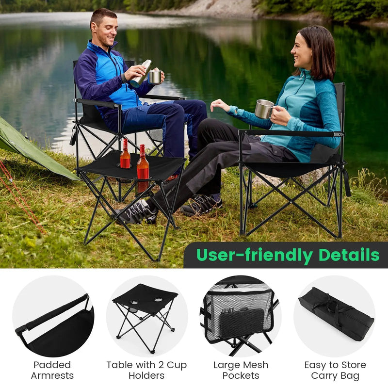 Outdoor Folding Camping Chairs and Table Set with Carrying Bag-Black by DirectDeals