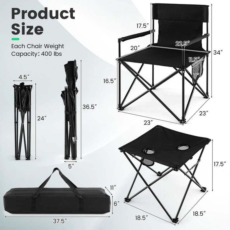 Outdoor Folding Camping Chairs and Table Set with Carrying Bag-Black by DirectDeals