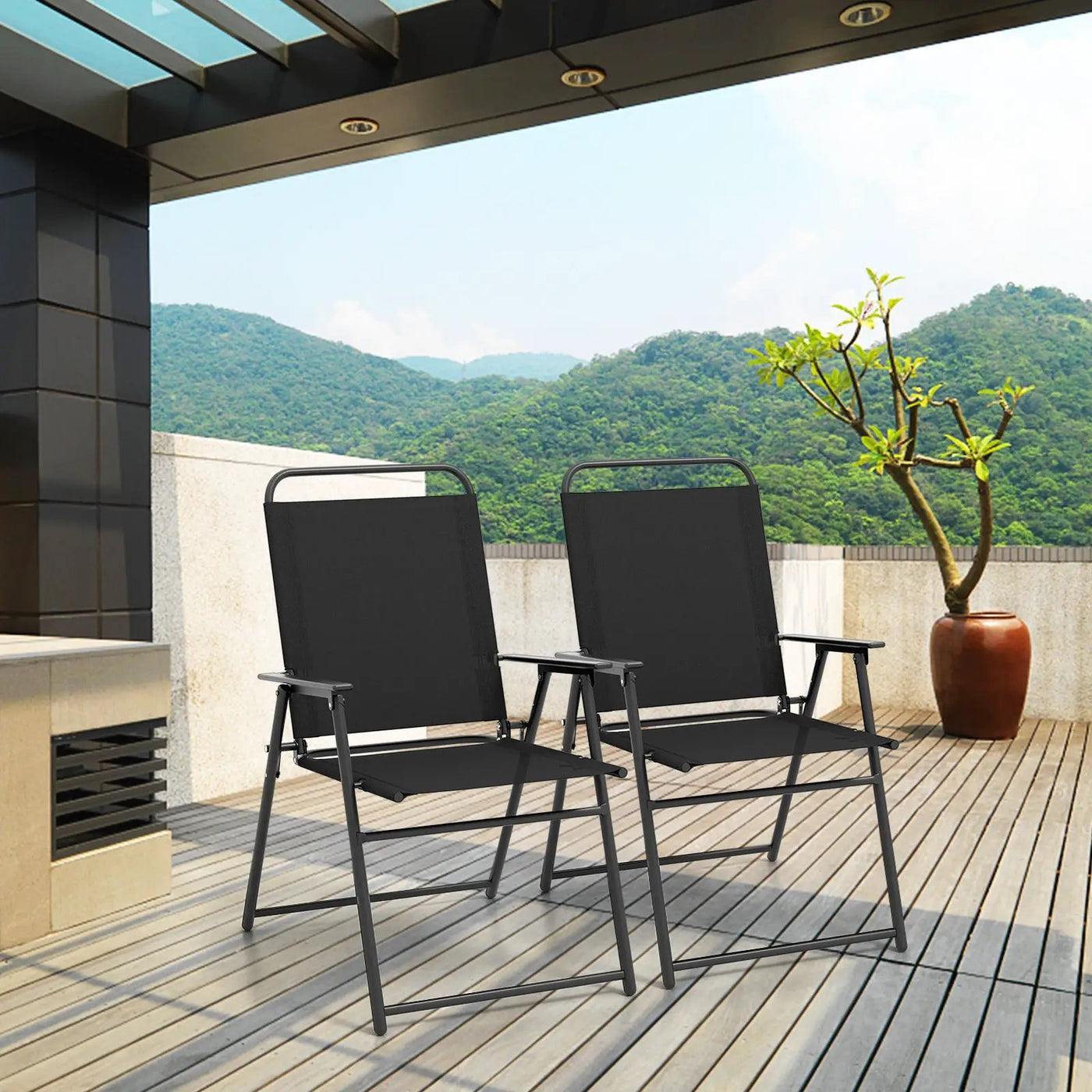 Outdoor Folding Sling Chairs Set of 4 with Armrest and Backrest by DirectDeals