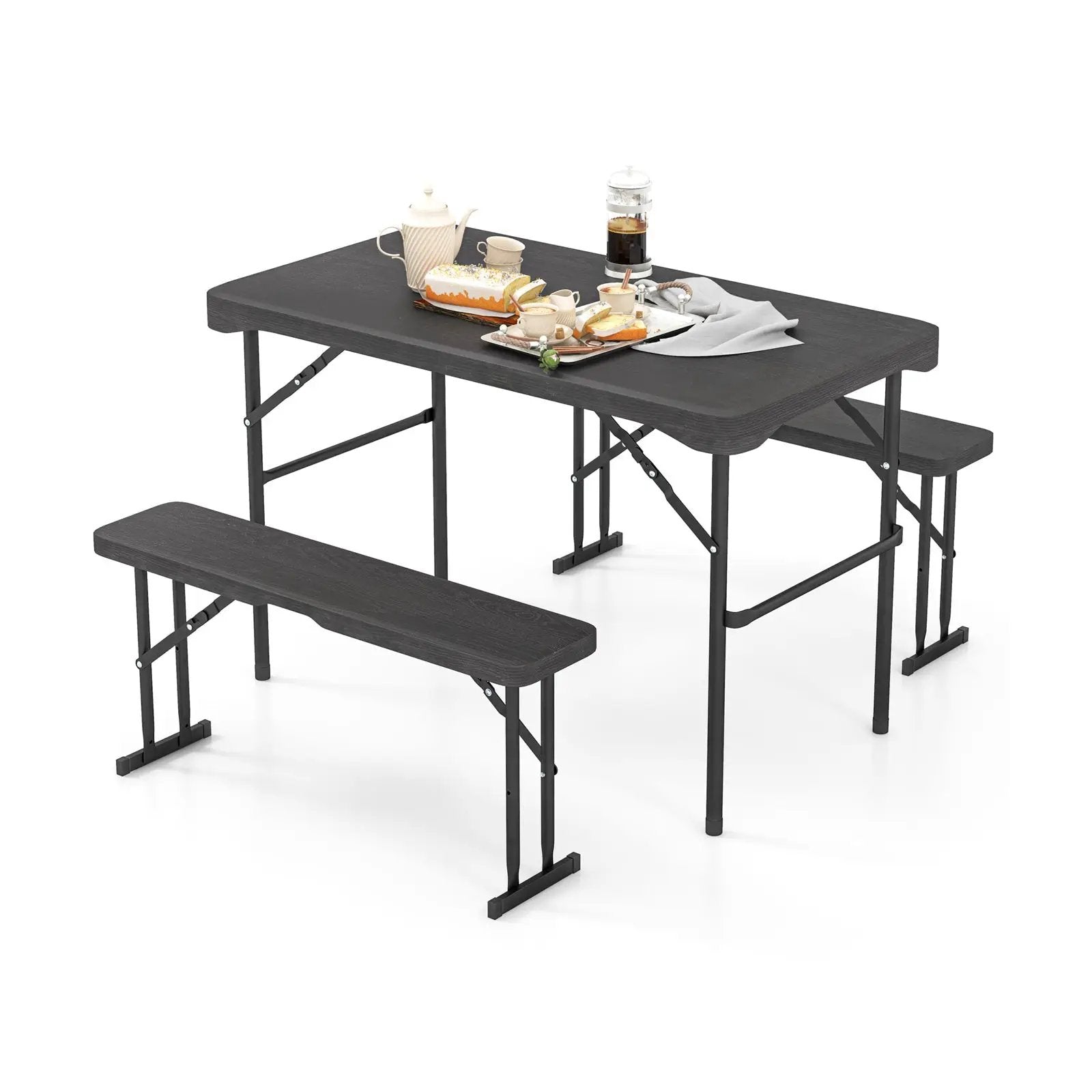 Outdoor Folding Table Bench Set w All-Weather HDPE Tabletop and Sturdy Metal Frame-Black by DirectDeals