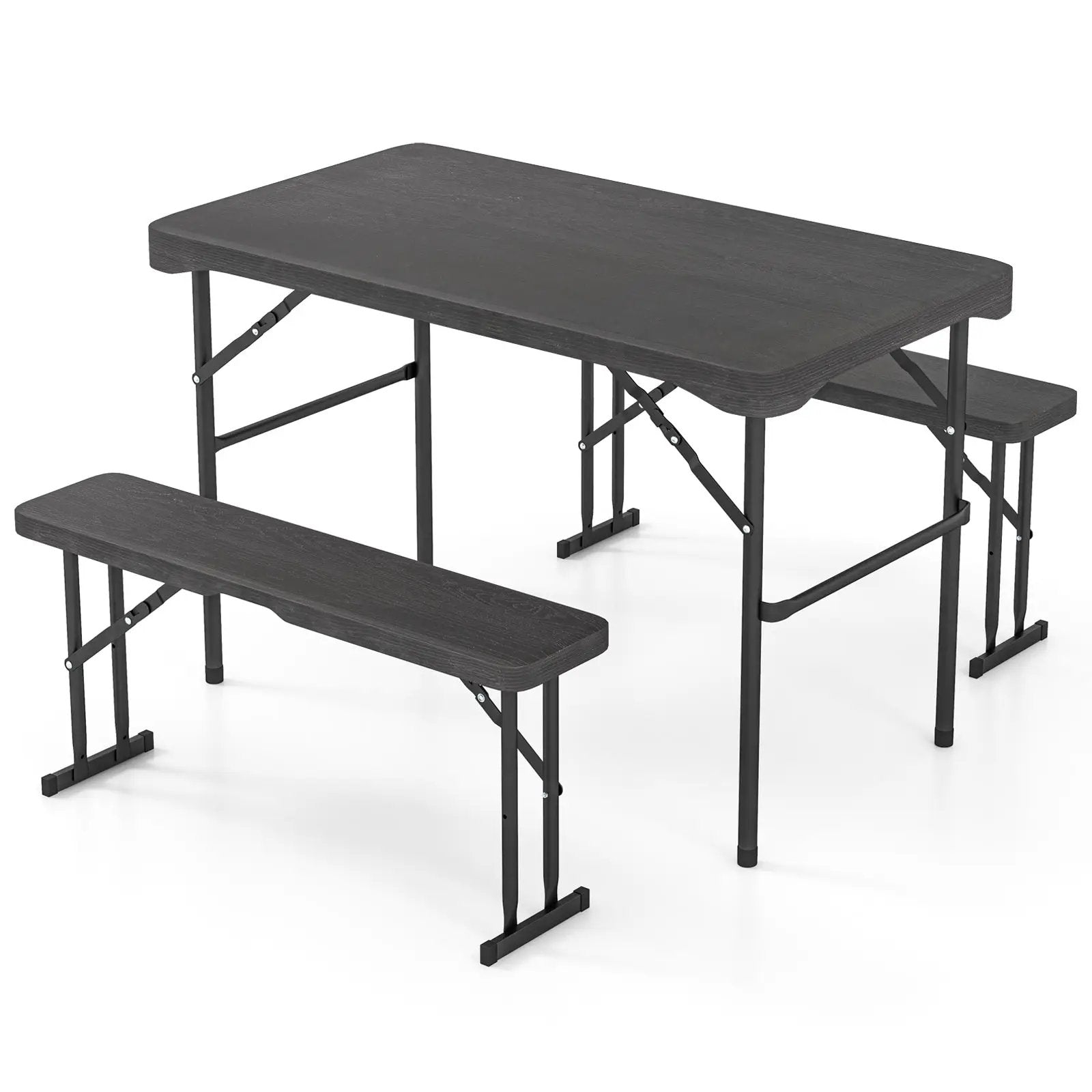 Outdoor Folding Table Bench Set w All-Weather HDPE Tabletop and Sturdy Metal Frame-Black by DirectDeals