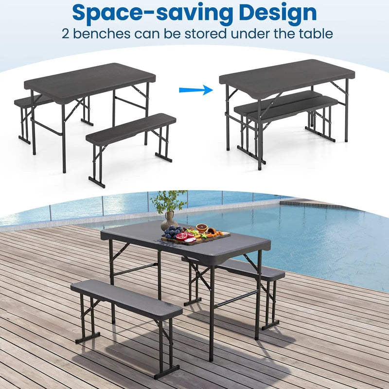 Outdoor Folding Table Bench Set w All-Weather HDPE Tabletop and Sturdy Metal Frame-Black by DirectDeals