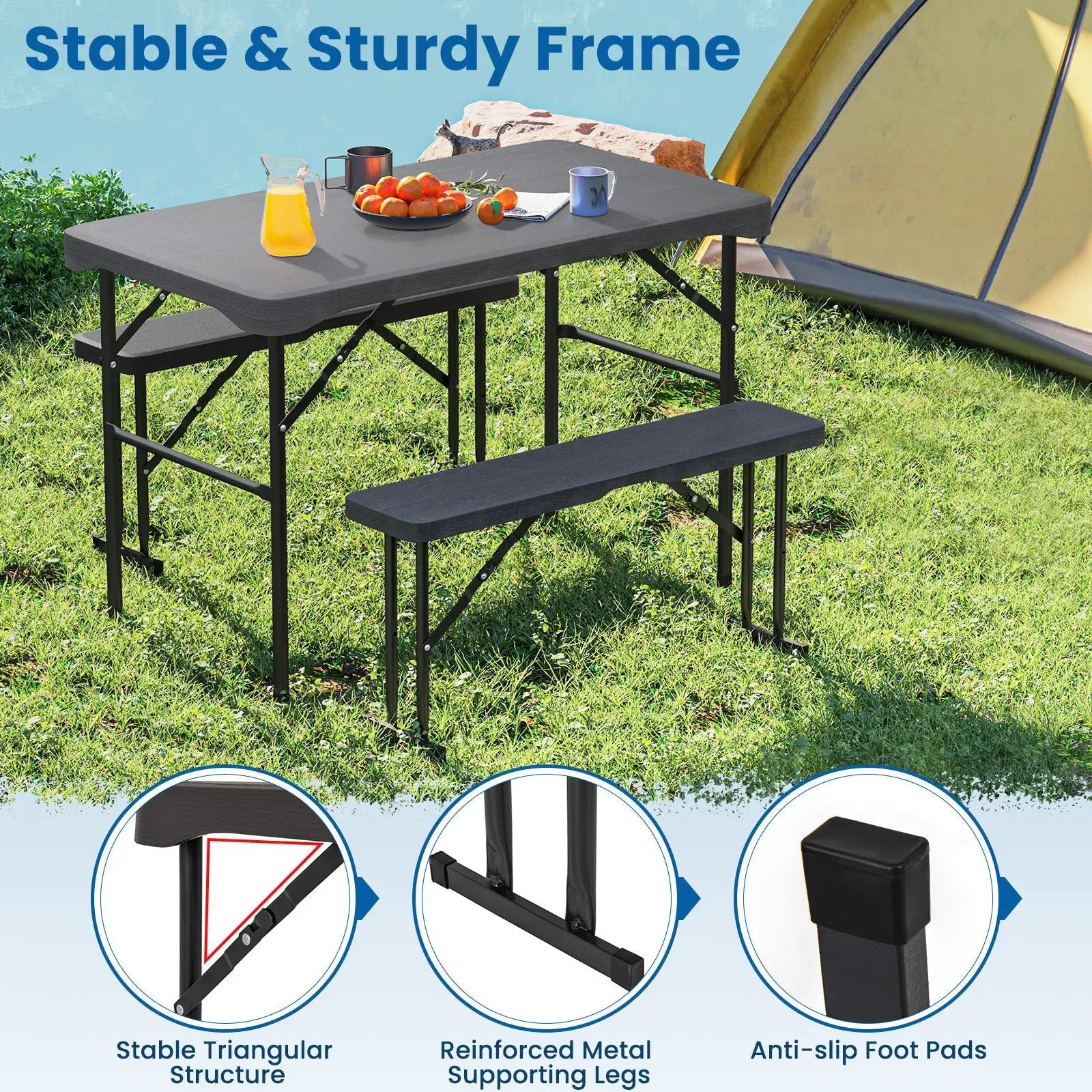 Outdoor Folding Table Bench Set w All-Weather HDPE Tabletop and Sturdy Metal Frame-Black by DirectDeals