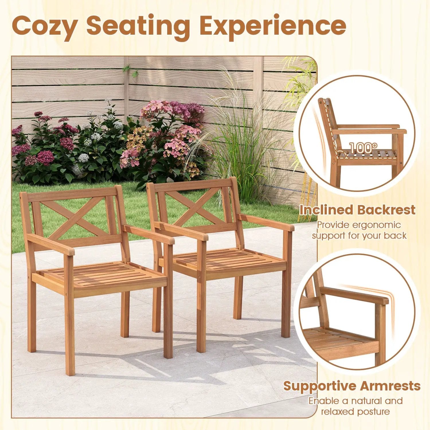 Outdoor Garden Acacia Wood Patio Dining Chairs for Porch by DirectDeals