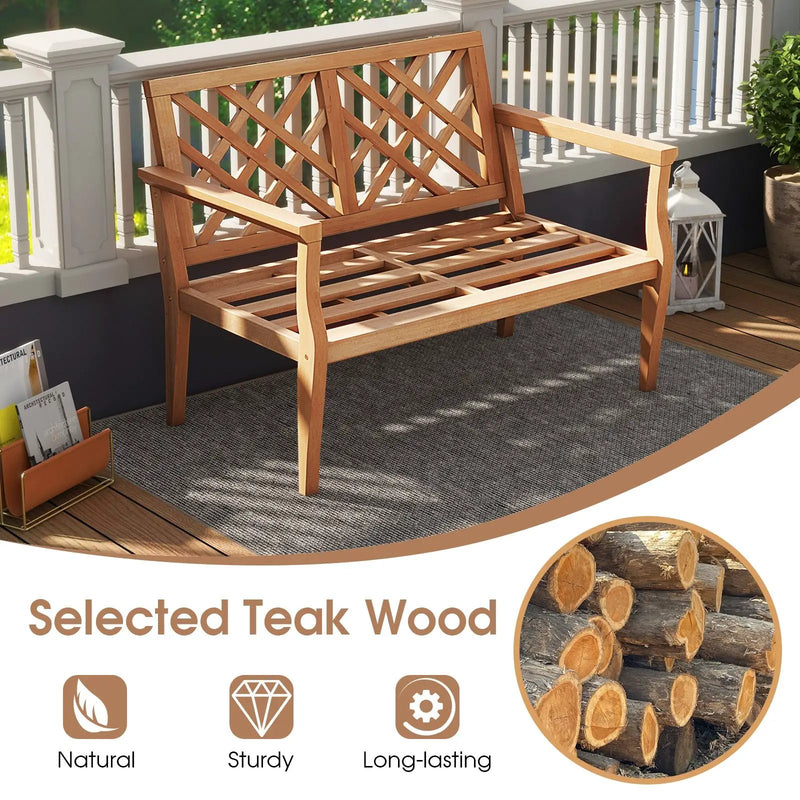 Outdoor Garden Bench 2-Person Teak Wood Bench with Comfy Armrests and Backrest by DirectDeals