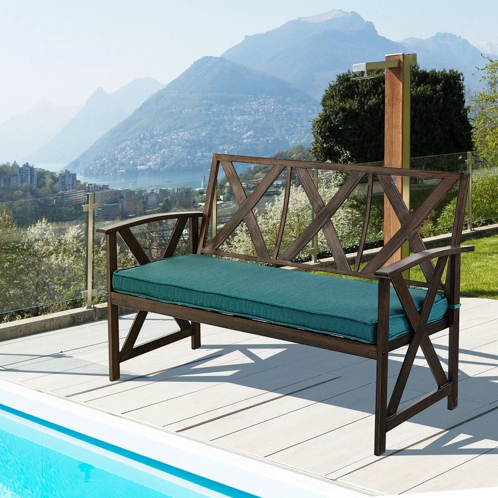 Outdoor Garden Bench with Sponge-Padded Cushion-Brown by DirectDeals