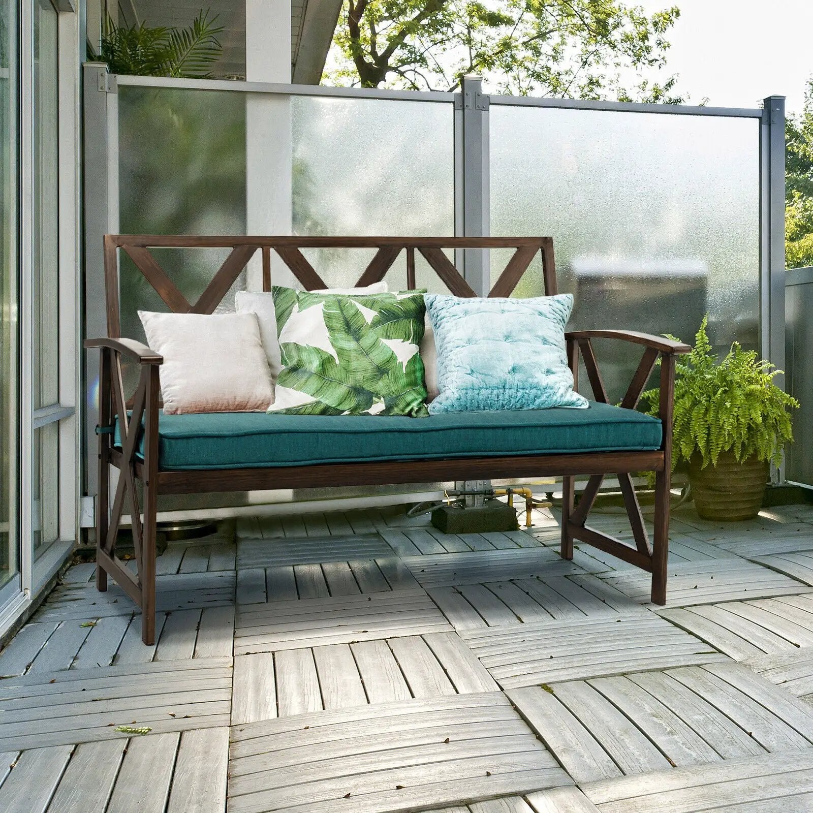 Outdoor Garden Bench with Sponge-Padded Cushion-Brown by DirectDeals
