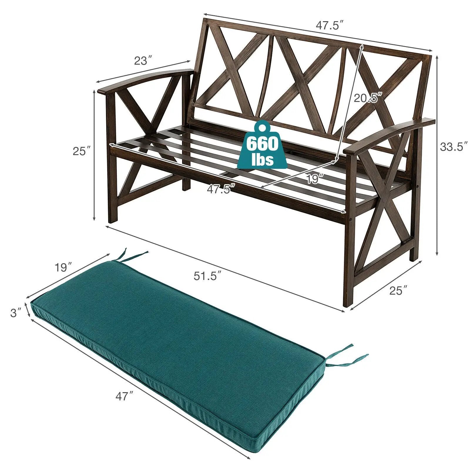 Outdoor Garden Bench with Sponge-Padded Cushion-Brown by DirectDeals