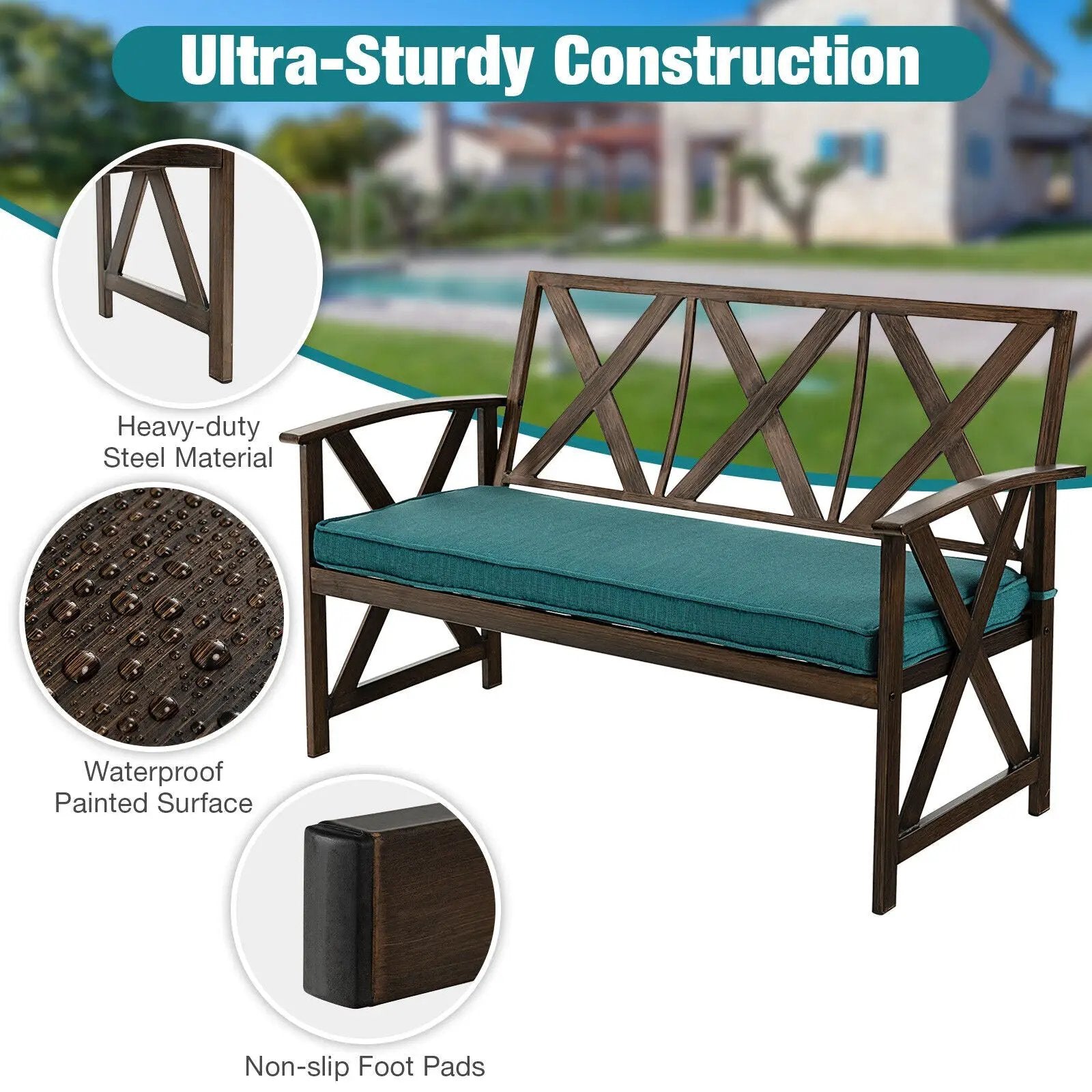 Outdoor Garden Bench with Sponge-Padded Cushion-Brown by DirectDeals
