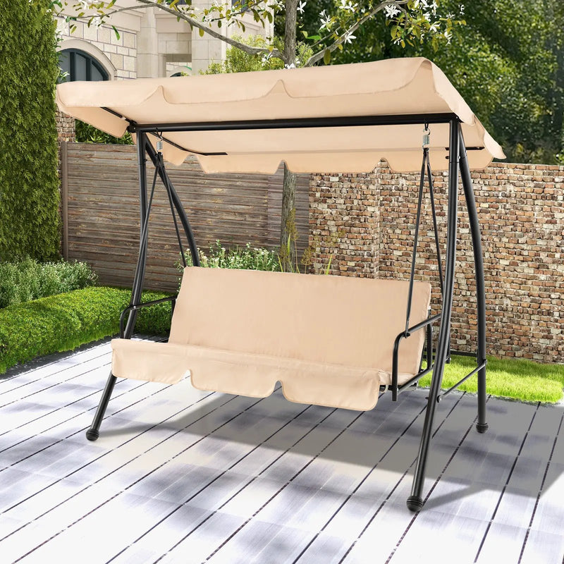 2-Seat Outdoor Convertible Swing Chair with Flat Bed and Adjustable Canopy-Beige by DirectDeals