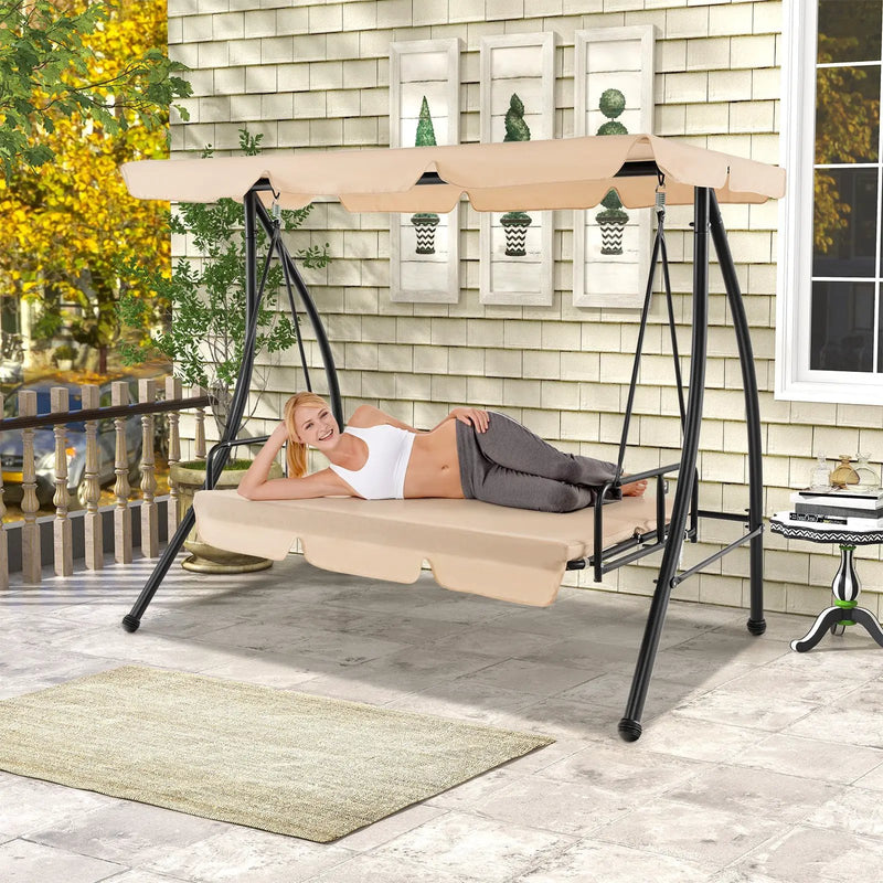 2-Seat Outdoor Convertible Swing Chair with Flat Bed and Adjustable Canopy-Beige by DirectDeals