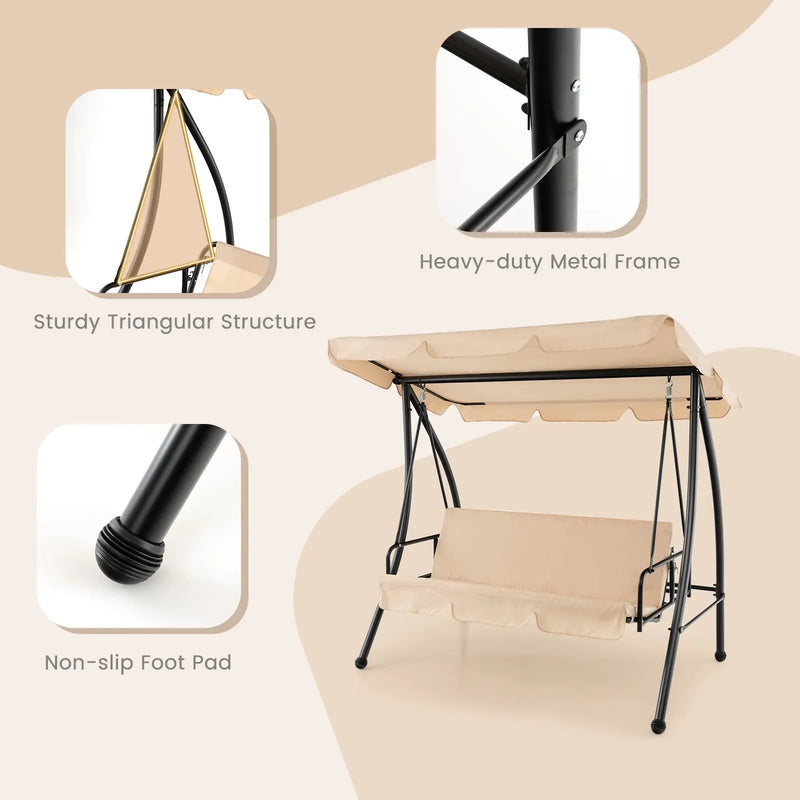 2-Seat Outdoor Convertible Swing Chair with Flat Bed and Adjustable Canopy-Beige by DirectDeals