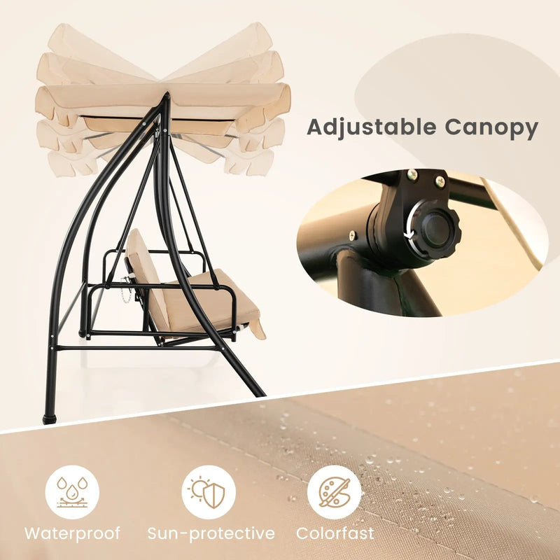 2-Seat Outdoor Convertible Swing Chair with Flat Bed and Adjustable Canopy-Beige by DirectDeals