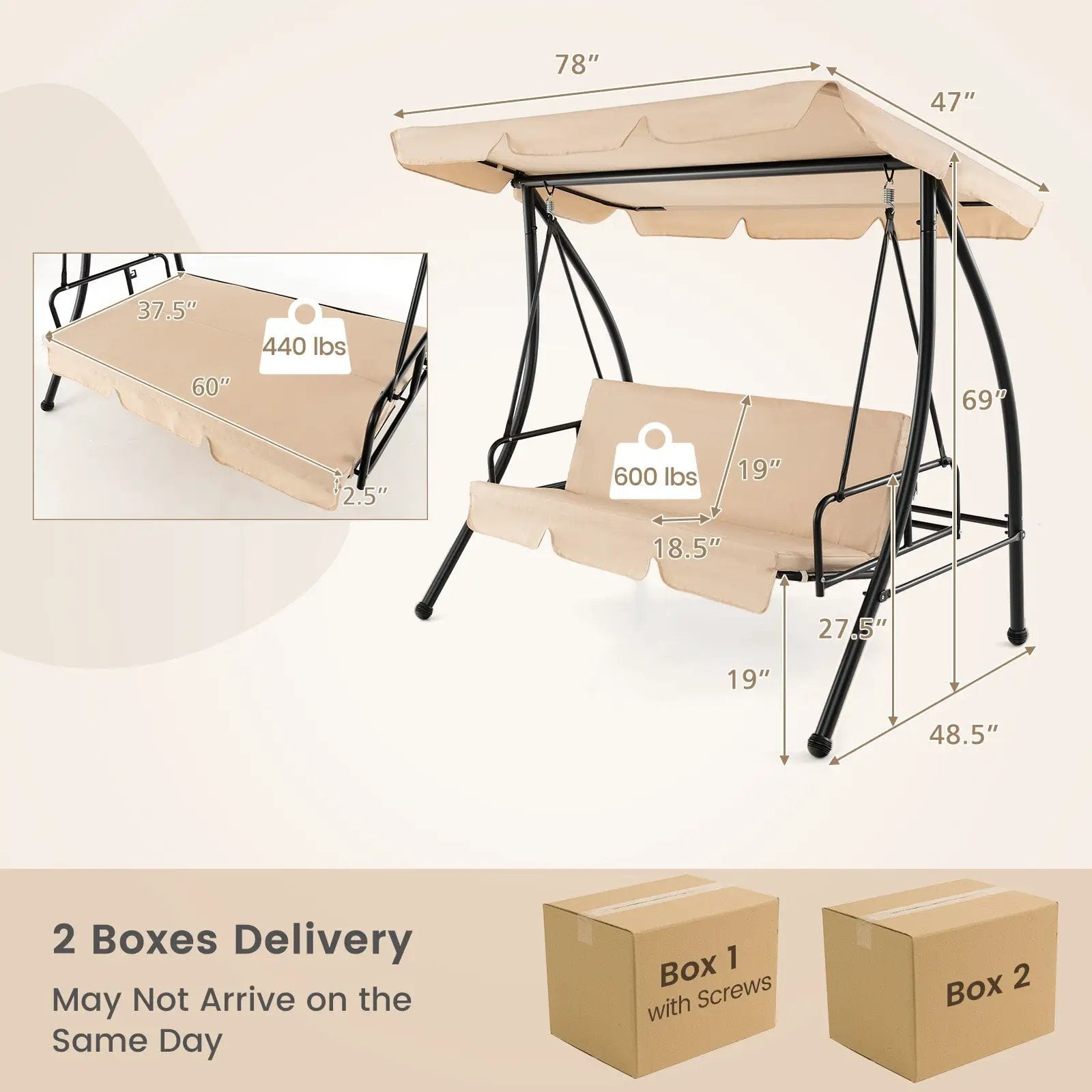 2-Seat Outdoor Convertible Swing Chair with Flat Bed and Adjustable Canopy-Beige by DirectDeals