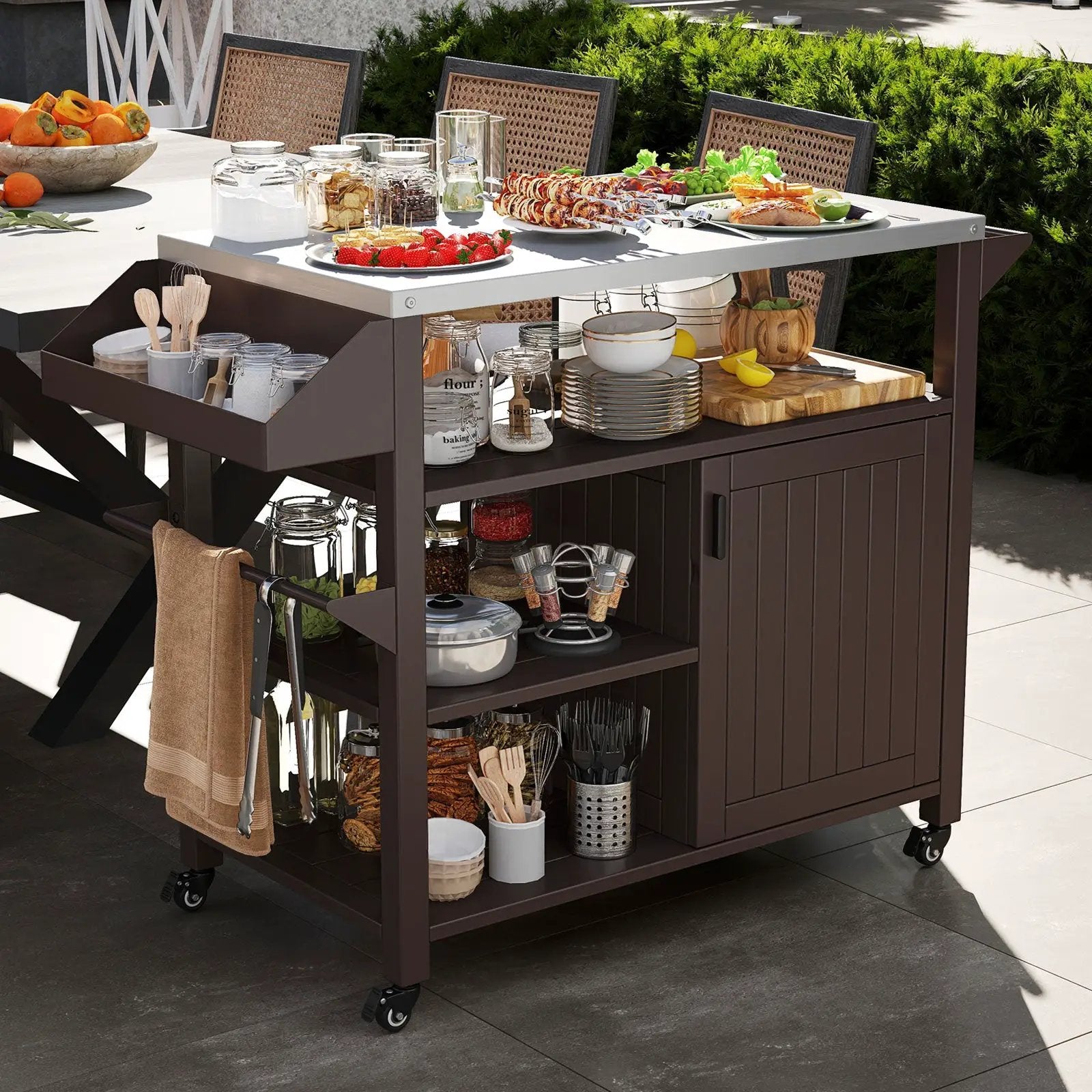 Outdoor Grill Cart with Storage Cabinet Shelves and Stainless Steel Top-Brown by DirectDeals