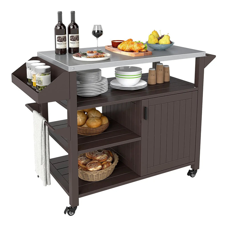 Outdoor Grill Cart with Storage Cabinet Shelves and Stainless Steel Top-Brown by DirectDeals