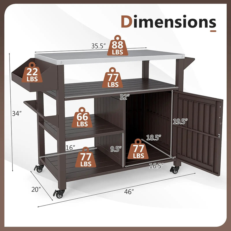 Outdoor Grill Cart with Storage Cabinet Shelves and Stainless Steel Top-Brown by DirectDeals
