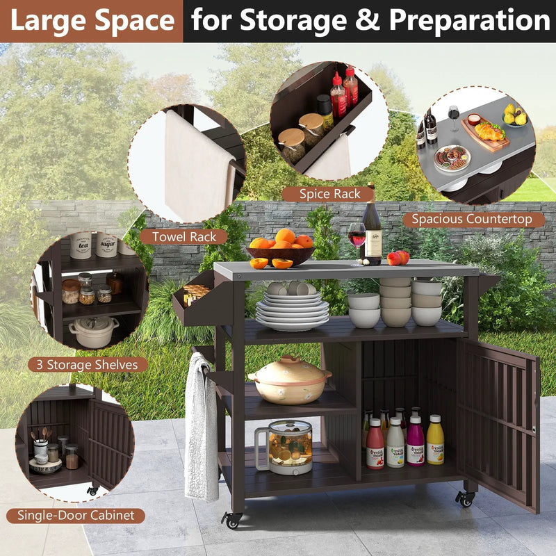 Outdoor Grill Cart with Storage Cabinet Shelves and Stainless Steel Top-Brown by DirectDeals