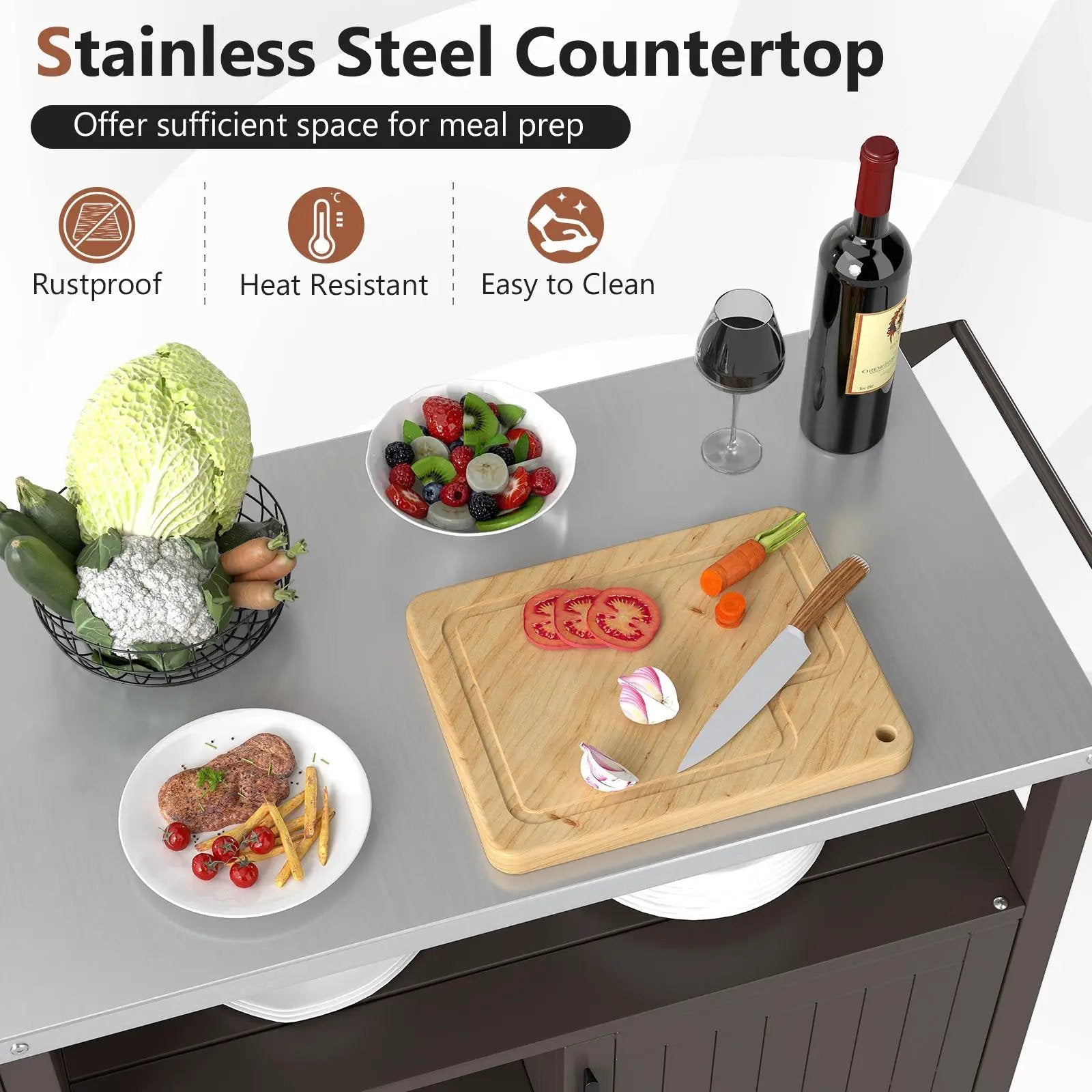 Outdoor Grill Cart with Storage Cabinet Shelves and Stainless Steel Top-Brown by DirectDeals