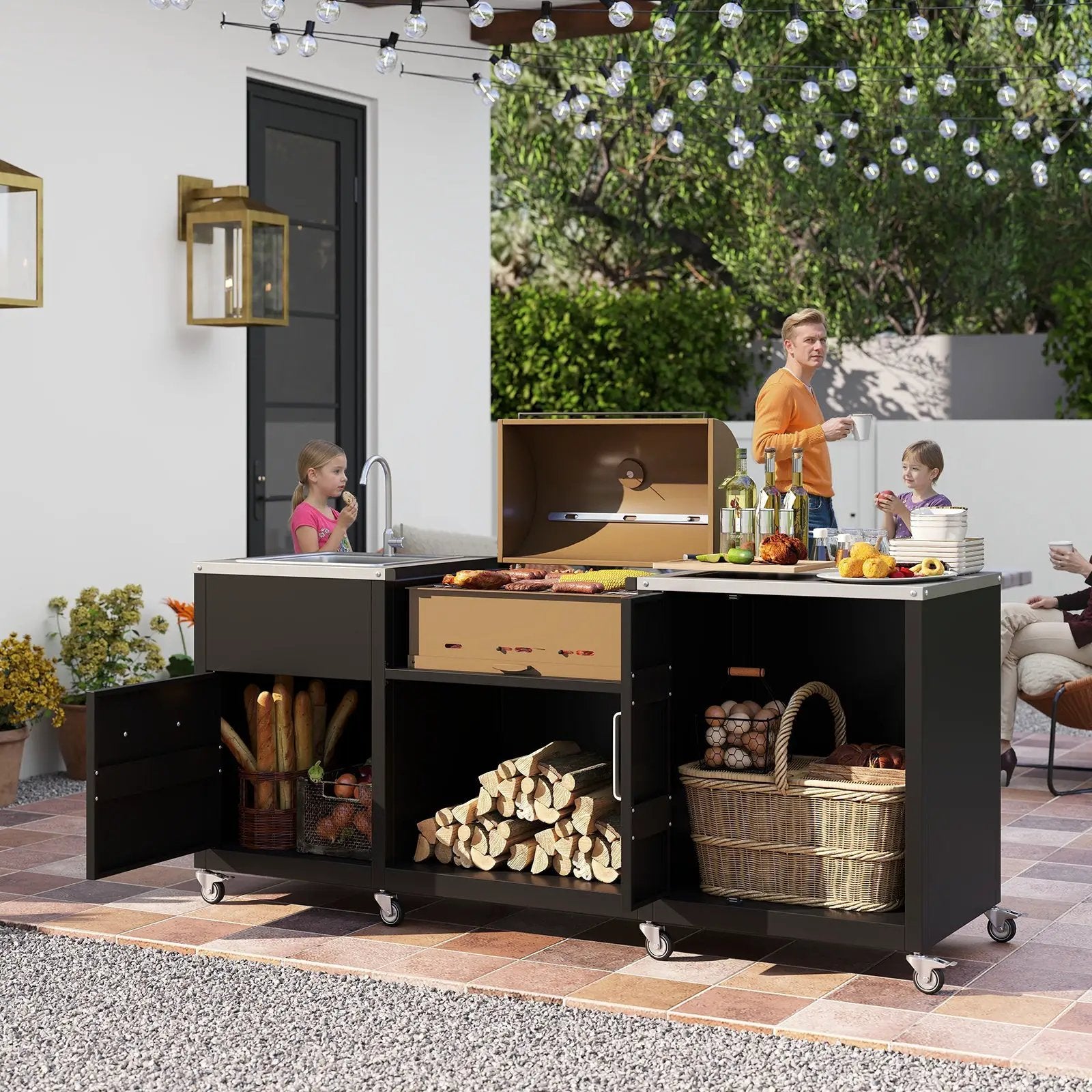Outdoor Grill Table with Sink and Drainage Heavy Duty Metal Grill Cart-Black by DirectDeals
