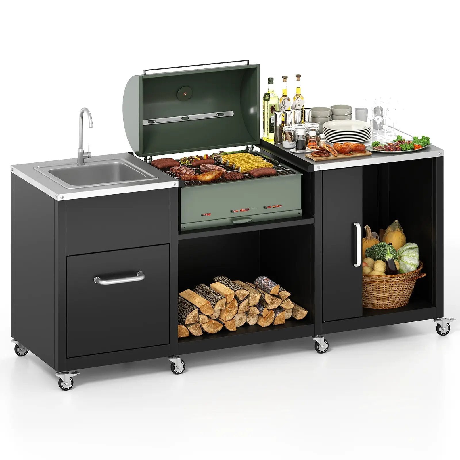 Outdoor Grill Table with Sink and Drainage Heavy Duty Metal Grill Cart-Black by DirectDeals
