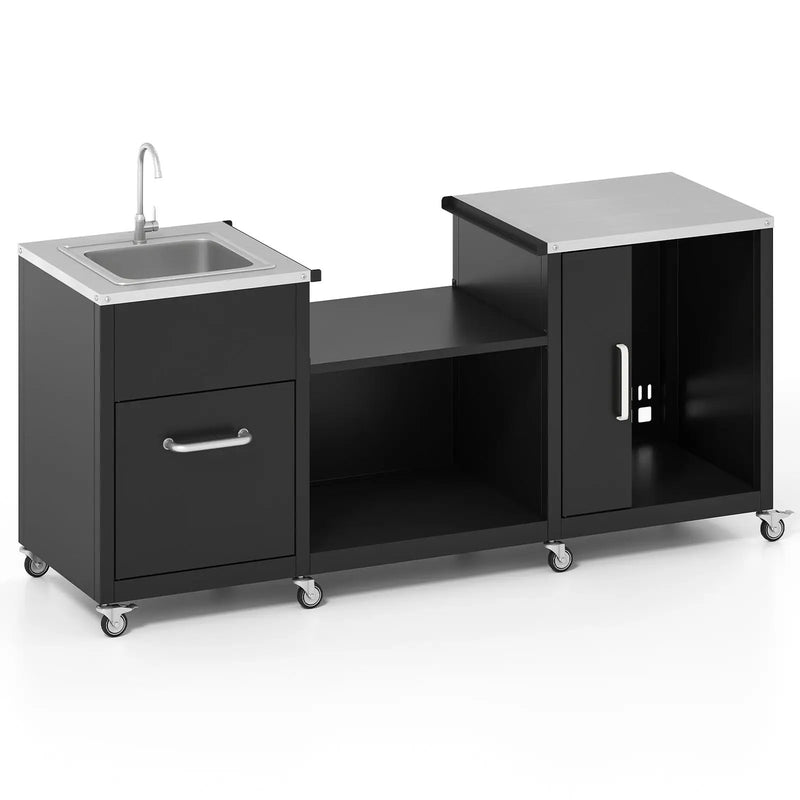 Outdoor Grill Table with Sink and Drainage Heavy Duty Metal Grill Cart-Black by DirectDeals