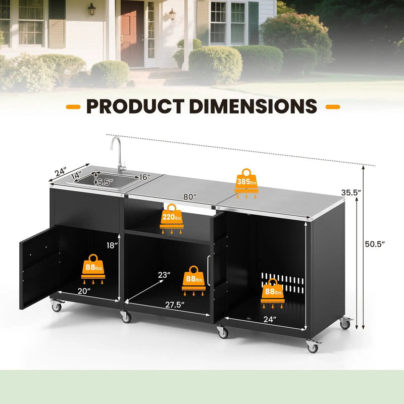 Outdoor Grill Table with Sink and Drainage Heavy Duty Metal Grill Cart-Black by DirectDeals